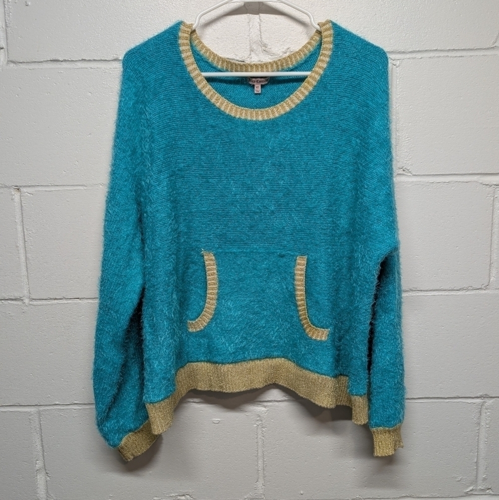JUICY COUTURE Cozy Fuzzy Crew Neck Sweater Teal/Blue with Gold Trim (Women's XL)